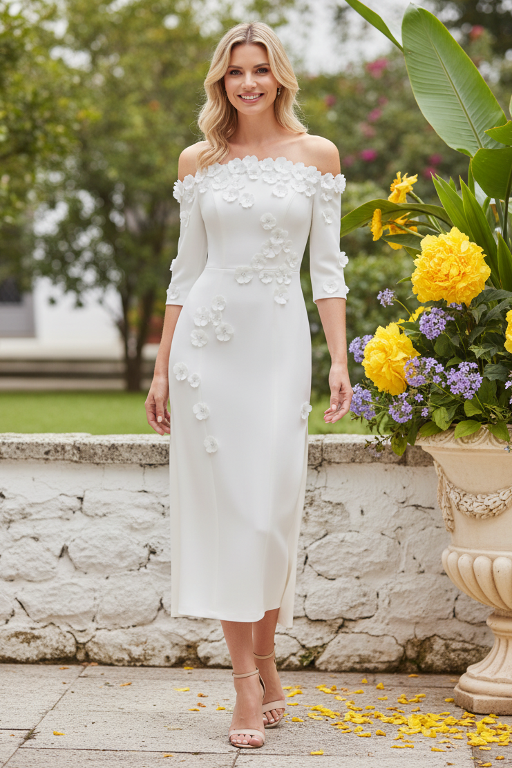 Off-Shoulder 3D Floral Applique Tea-Length Sheath Dress