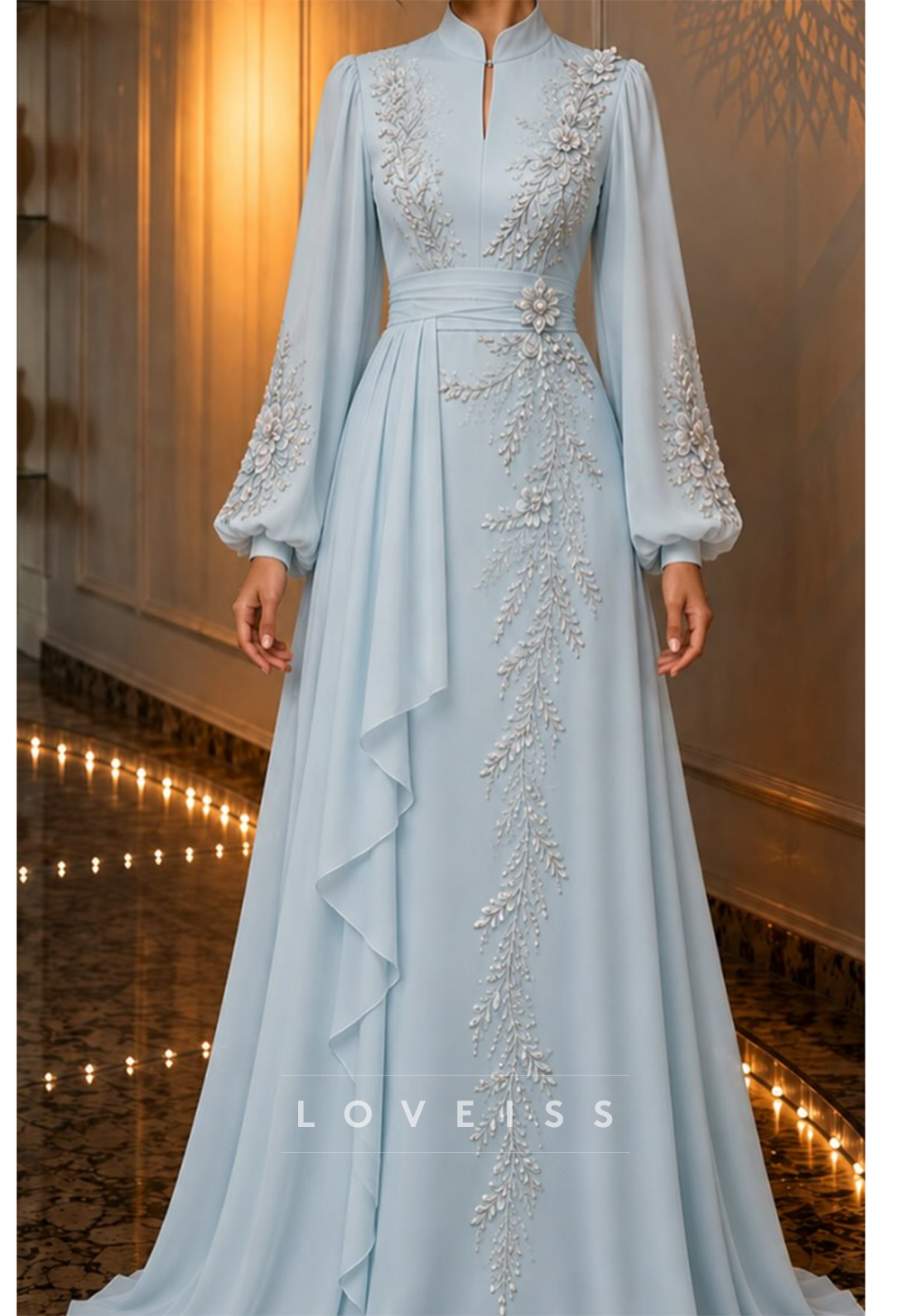 Floral Applique Long Sleeve Evening Gown