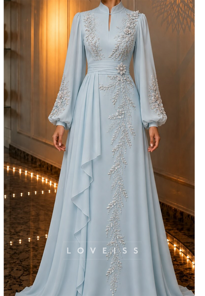Floral Applique Long Sleeve Evening Gown
