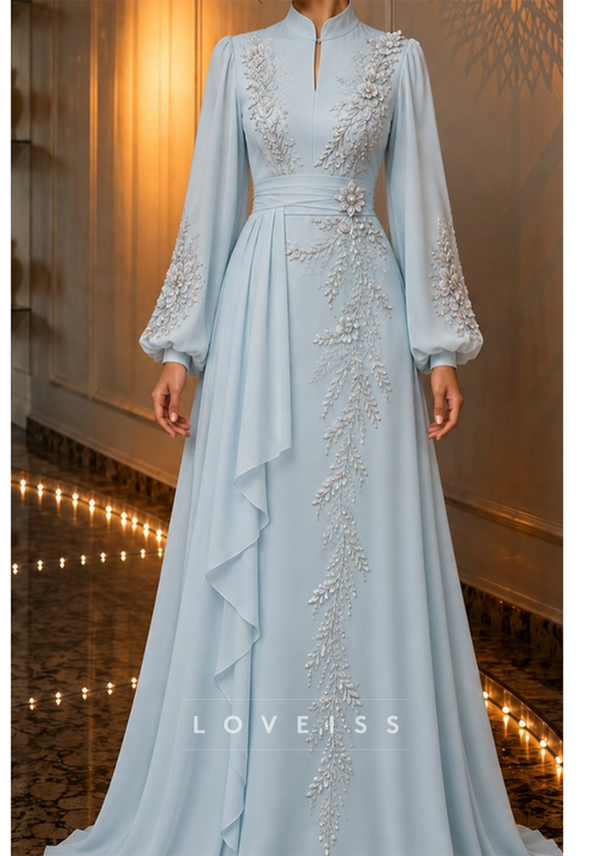 Floral Applique Long Sleeve Evening Gown