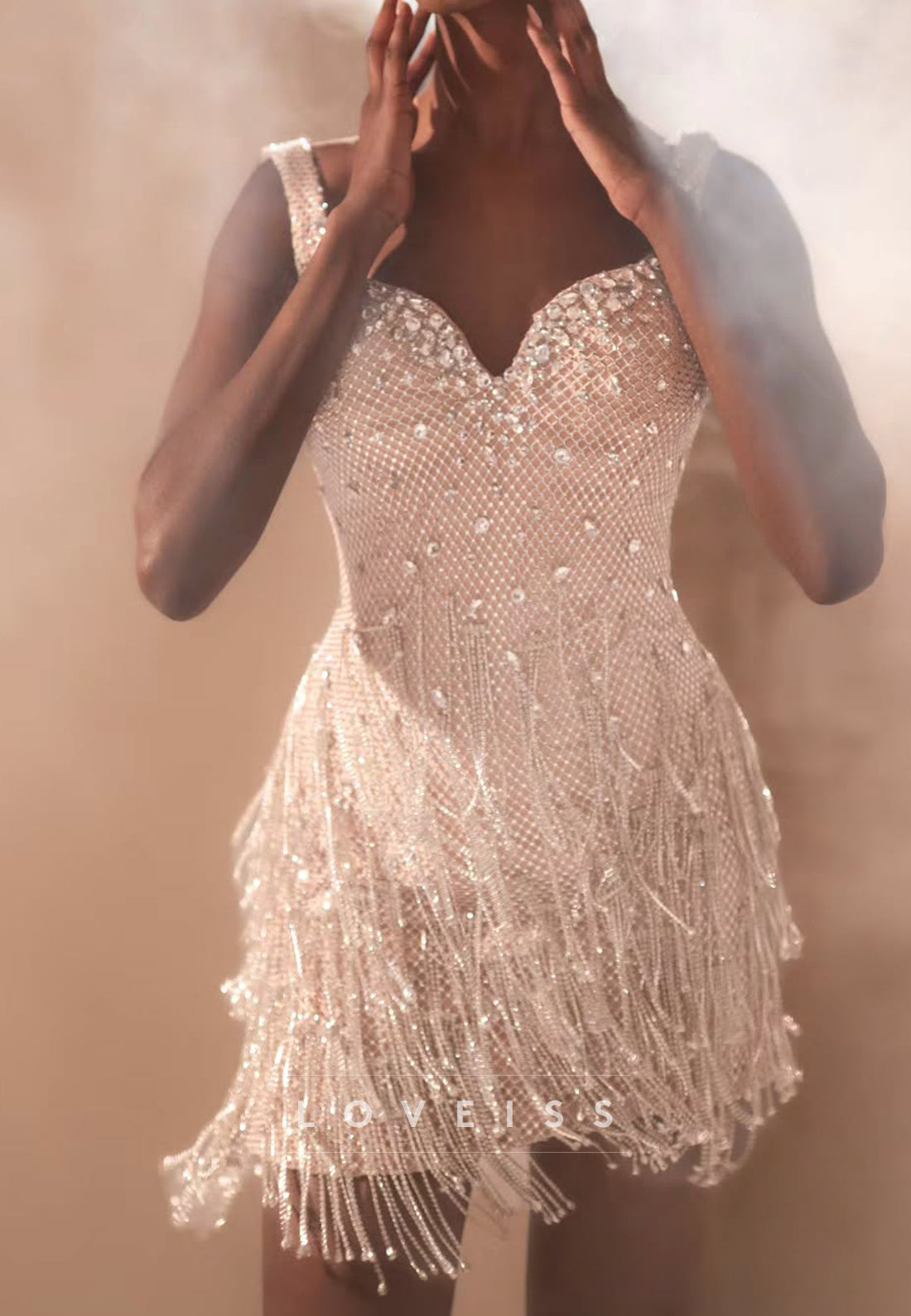 Beaded Fringe Sweetheart Open Back Mini Dress