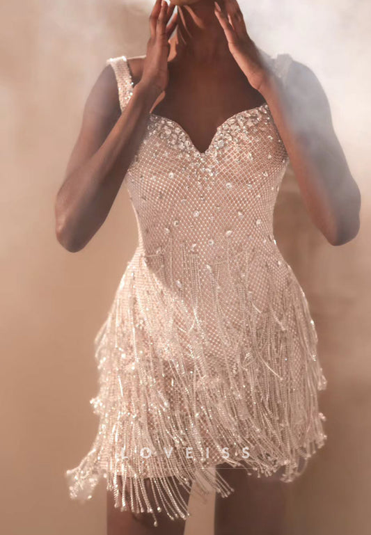 Beaded Fringe Sweetheart Open Back Mini Dress