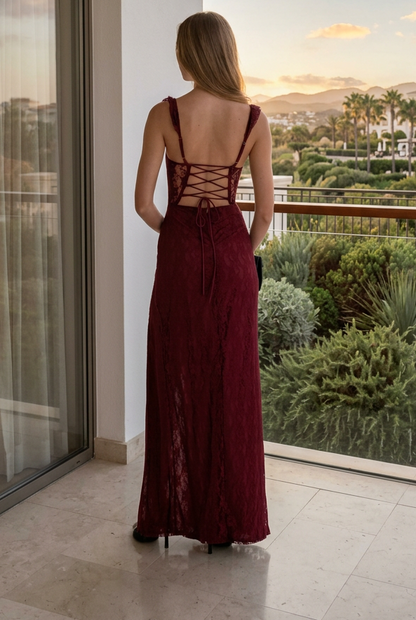 Lace Maxi Dress with Ruffle Straps and Slit