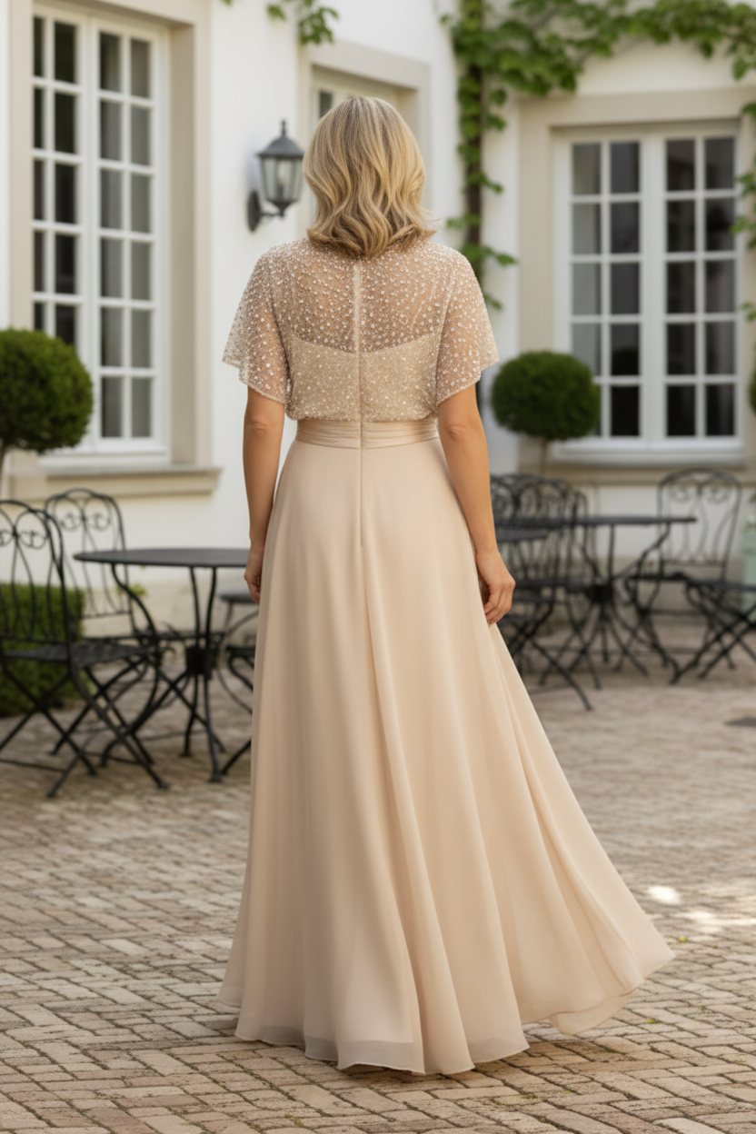 Beaded Bodice Tiered A-Line Evening Gown