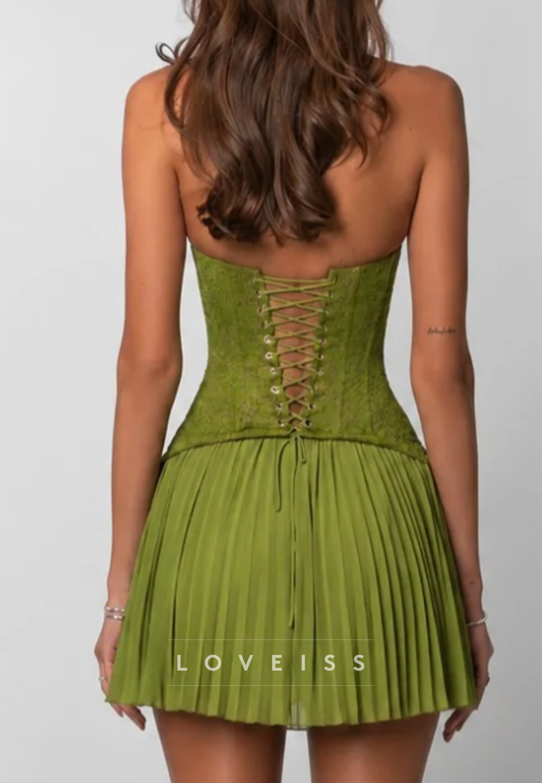 Halter Corset Mini Dress with Lace-Up Back & Pleated Skirt