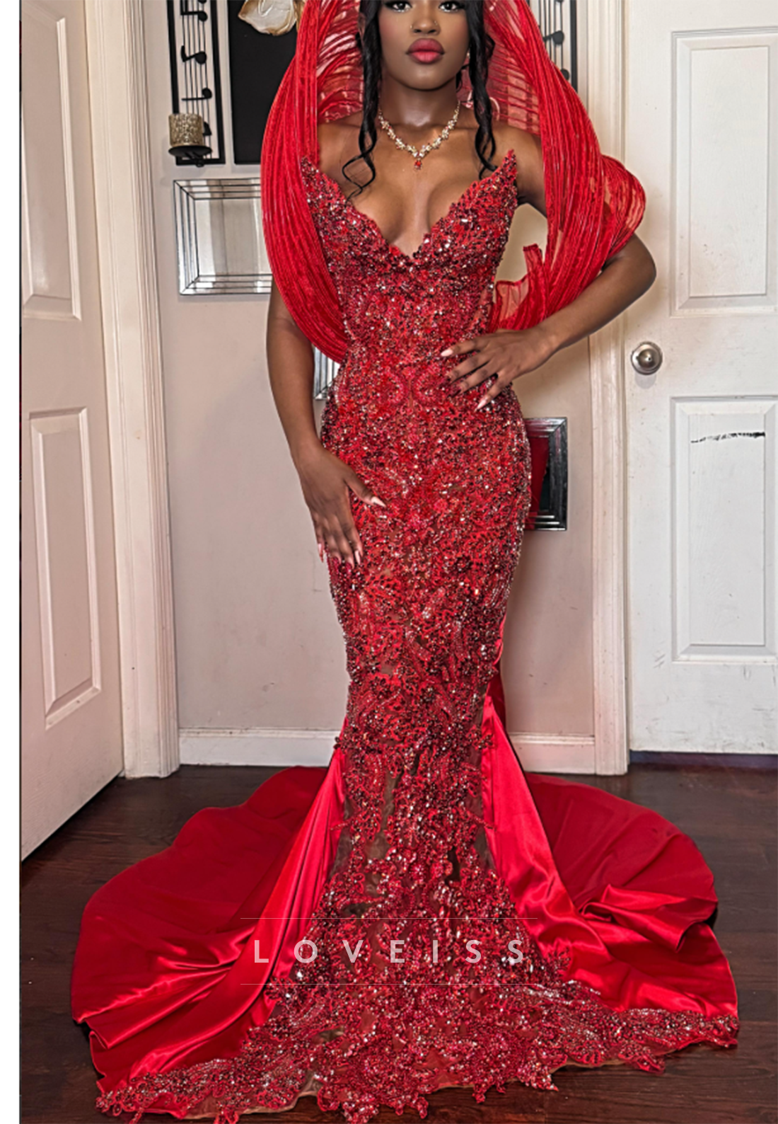 Beaded Mermaid Gown with Sculptural Cape Collar