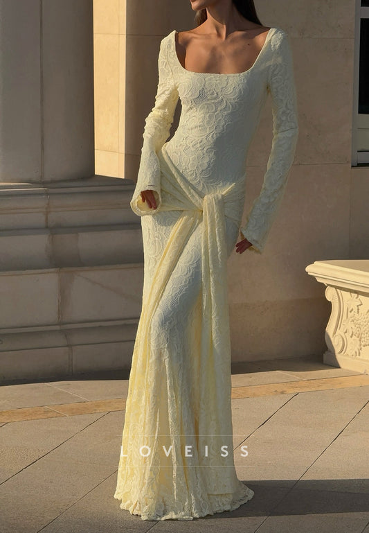 Lace Long Sleeve Mermaid Gown with Draped Sash