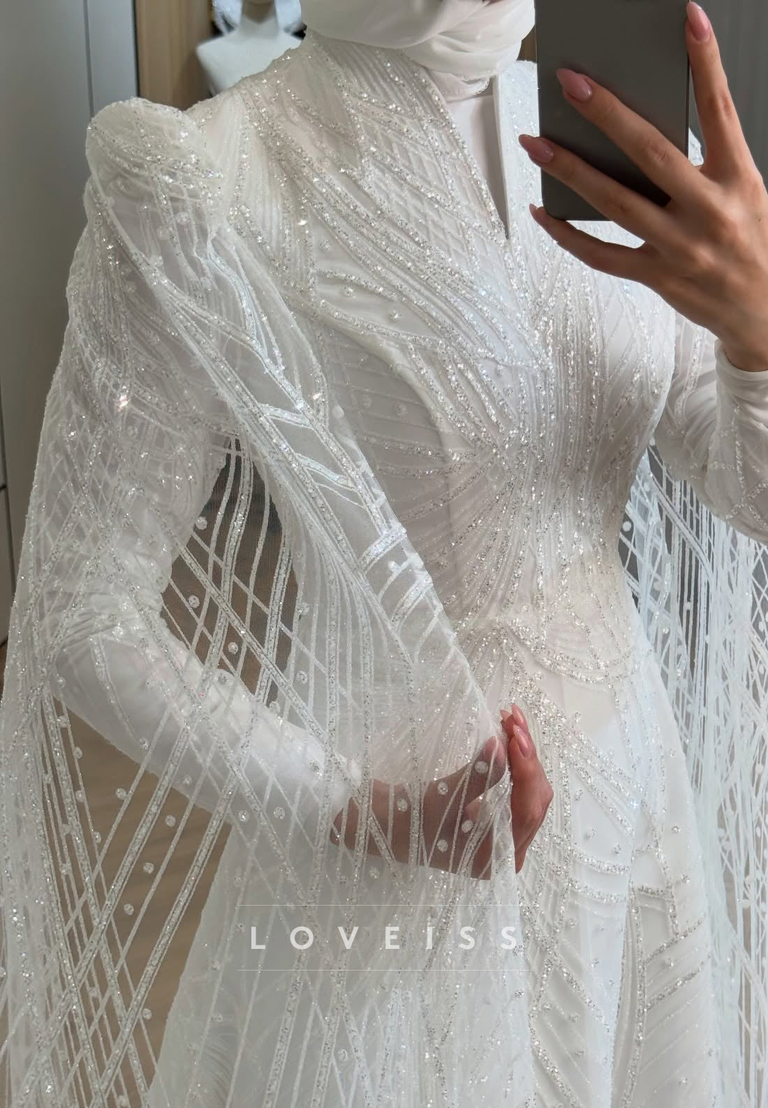 Beaded High Neck A-Line Wedding Dress with Cape