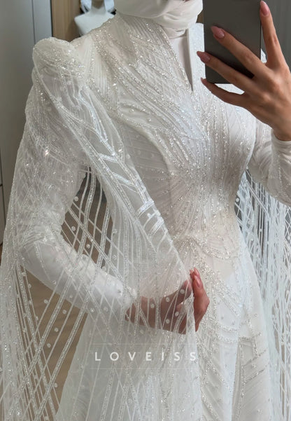 Beaded High Neck A-Line Wedding Dress with Cape