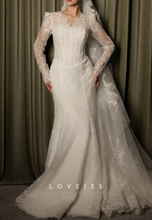 Long Sleeve Lace Mermaid Wedding Dress with Train