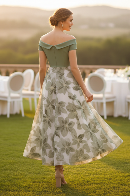 Off-Shoulder Floral Print A-Line Tea-Length Dress