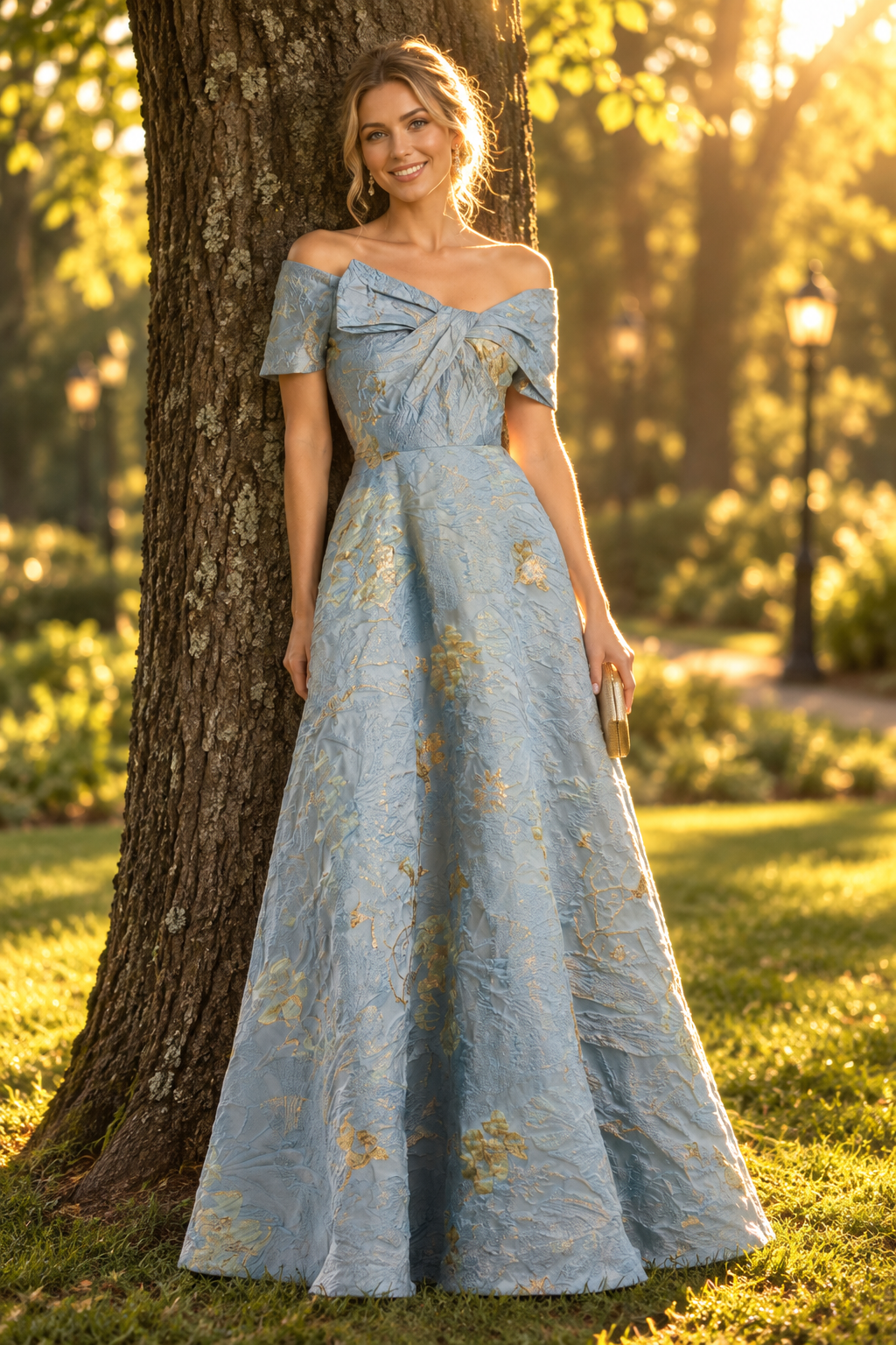 Off-the-Shoulder Jacquard Gown with Bow Bodice