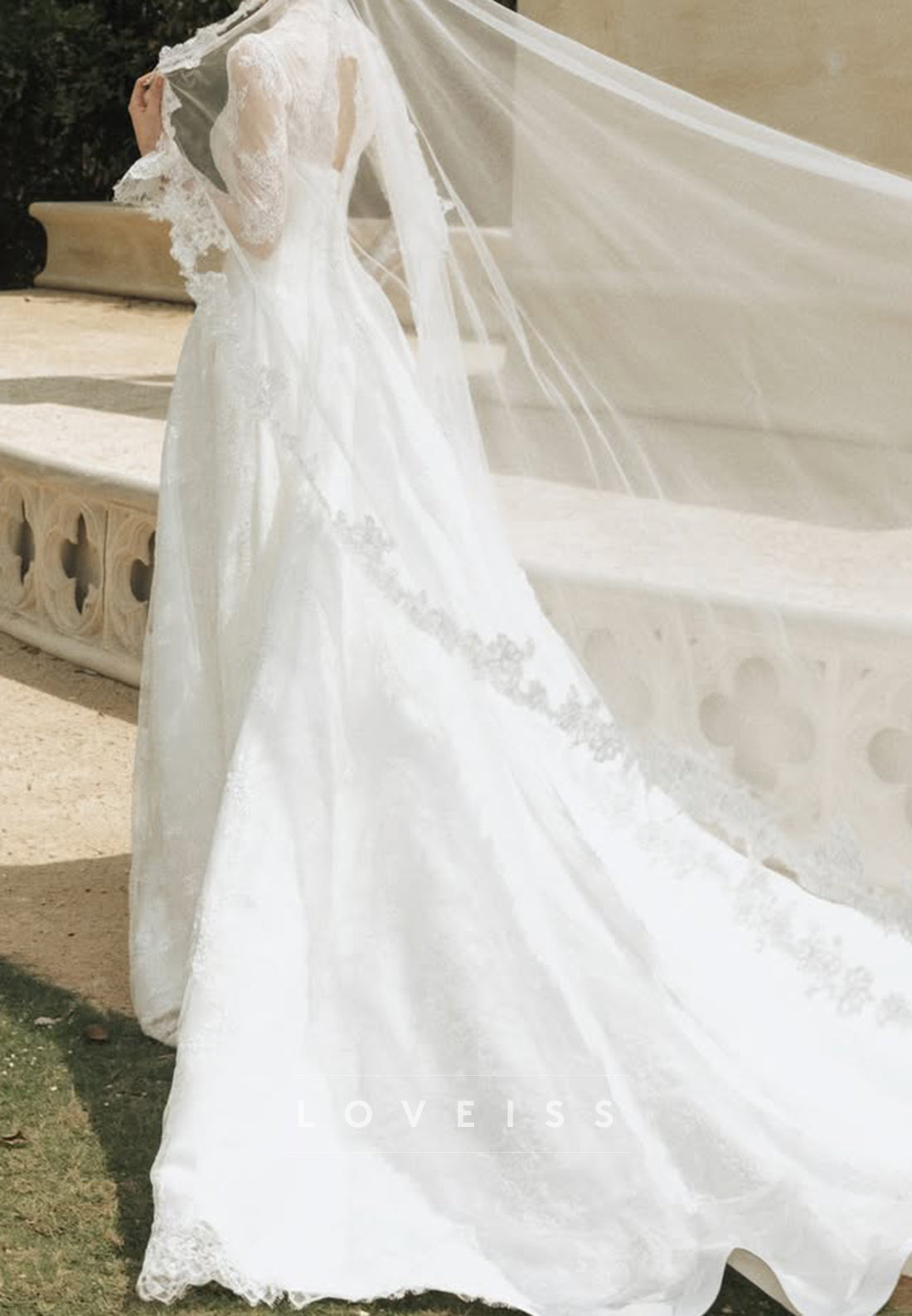 Lace High Neck Long Sleeve A-Line Wedding Dress