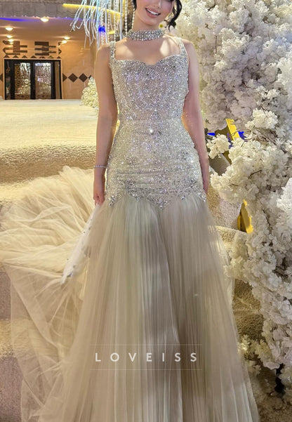 Beaded Mermaid Evening Gown with Pleated Tulle Skirt