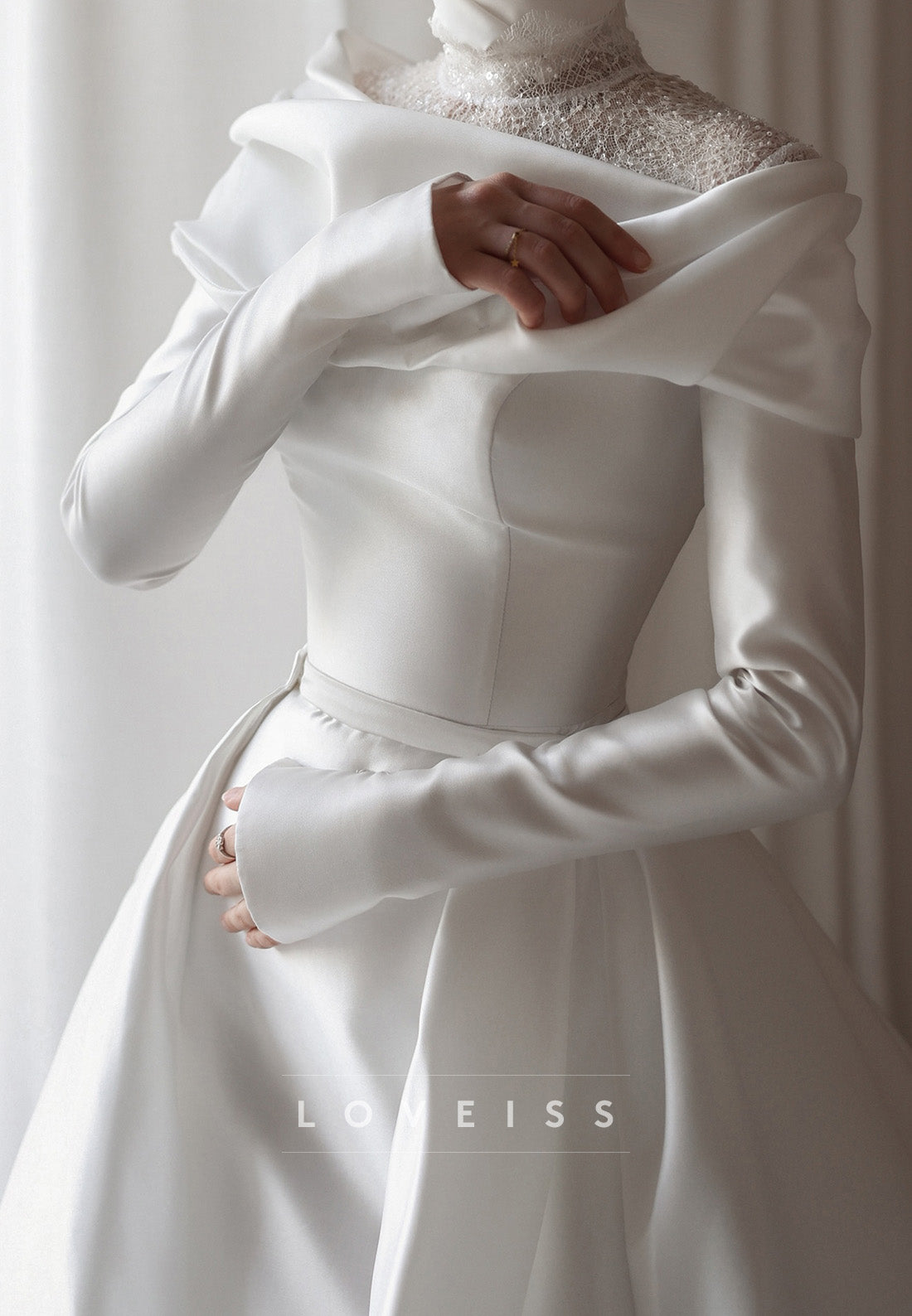 Satin Long Sleeve Wedding Dress with Draped Neckline