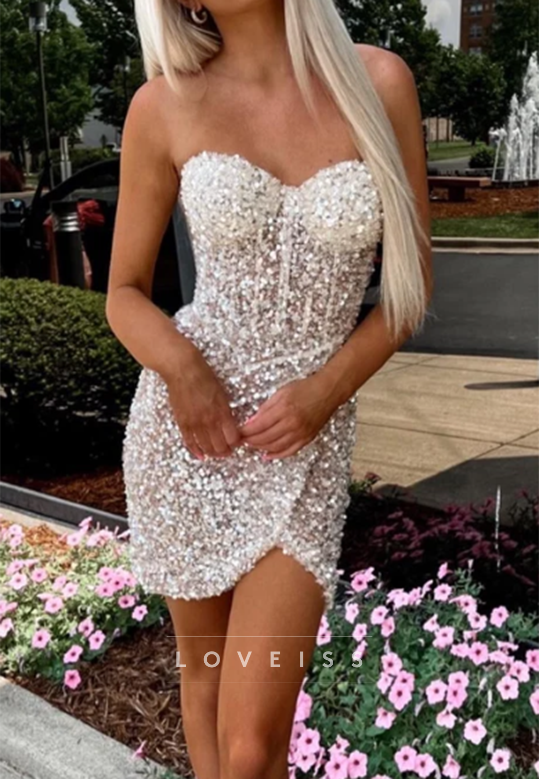 Strapless Corset Sequin Mini Dress with Tulip Hem