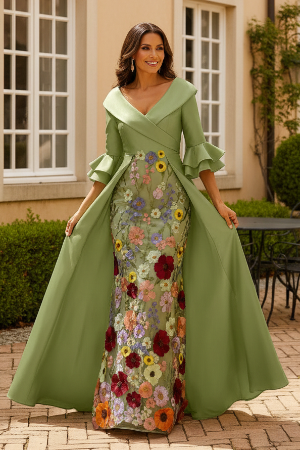 Floral Applique Evening Gown with Overskirt