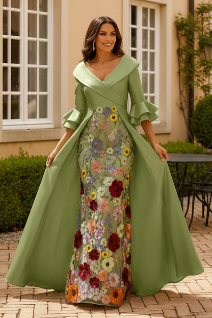 Floral Applique Evening Gown with Overskirt