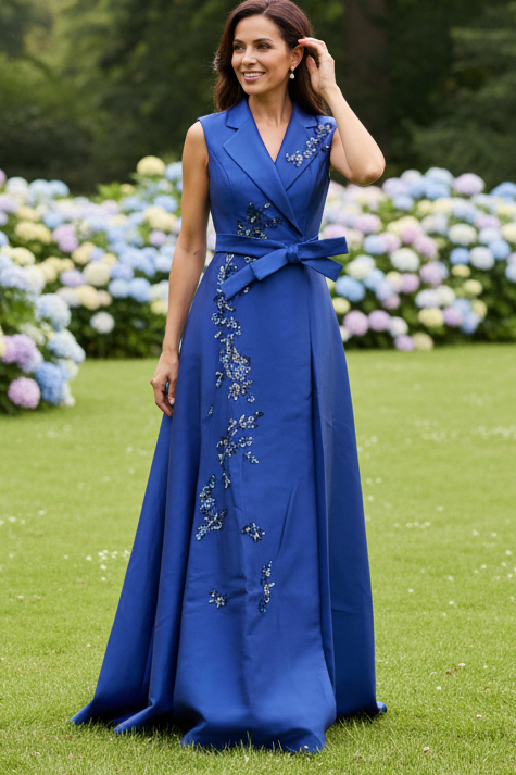 Collared Sleeveless A-Line Gown with Tie Waist