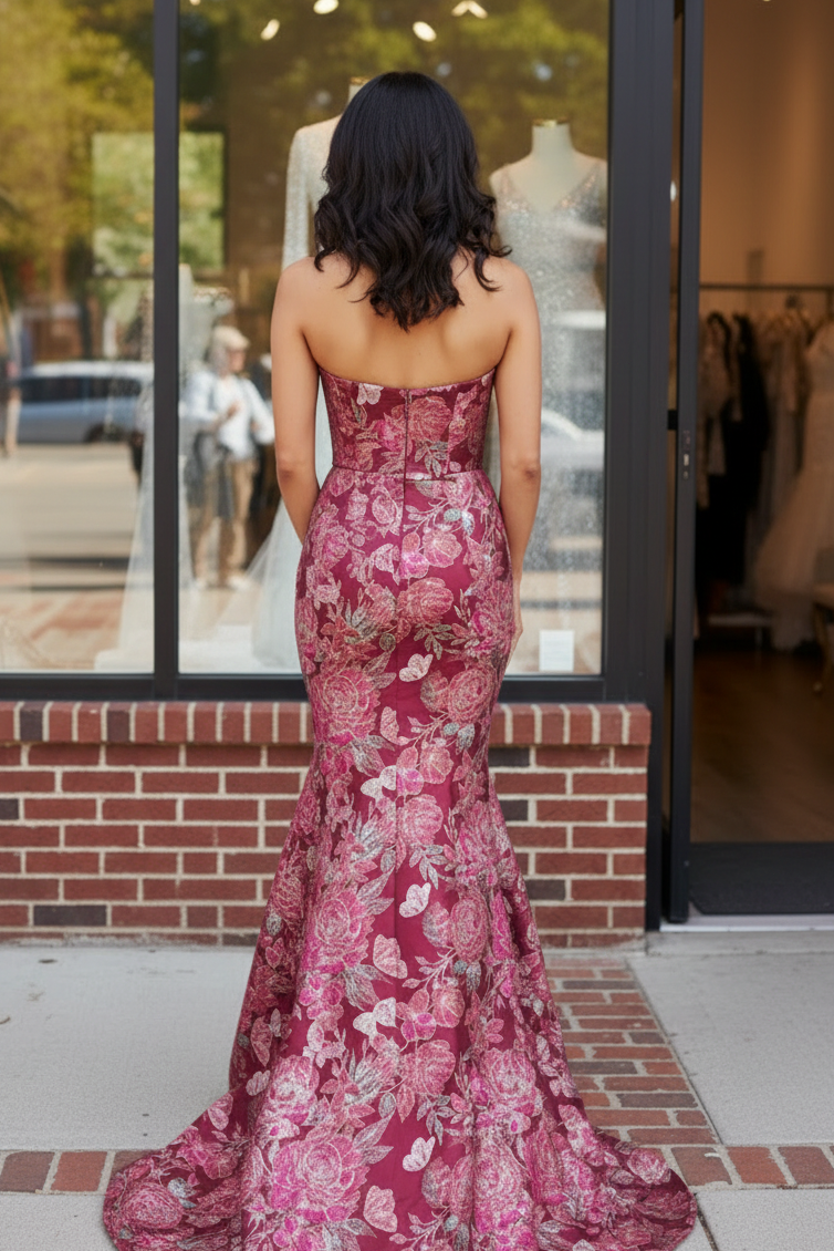 Strapless Floral Jacquard Trumpet Evening Gown