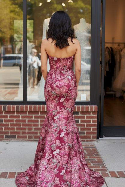 Strapless Floral Jacquard Trumpet Evening Gown