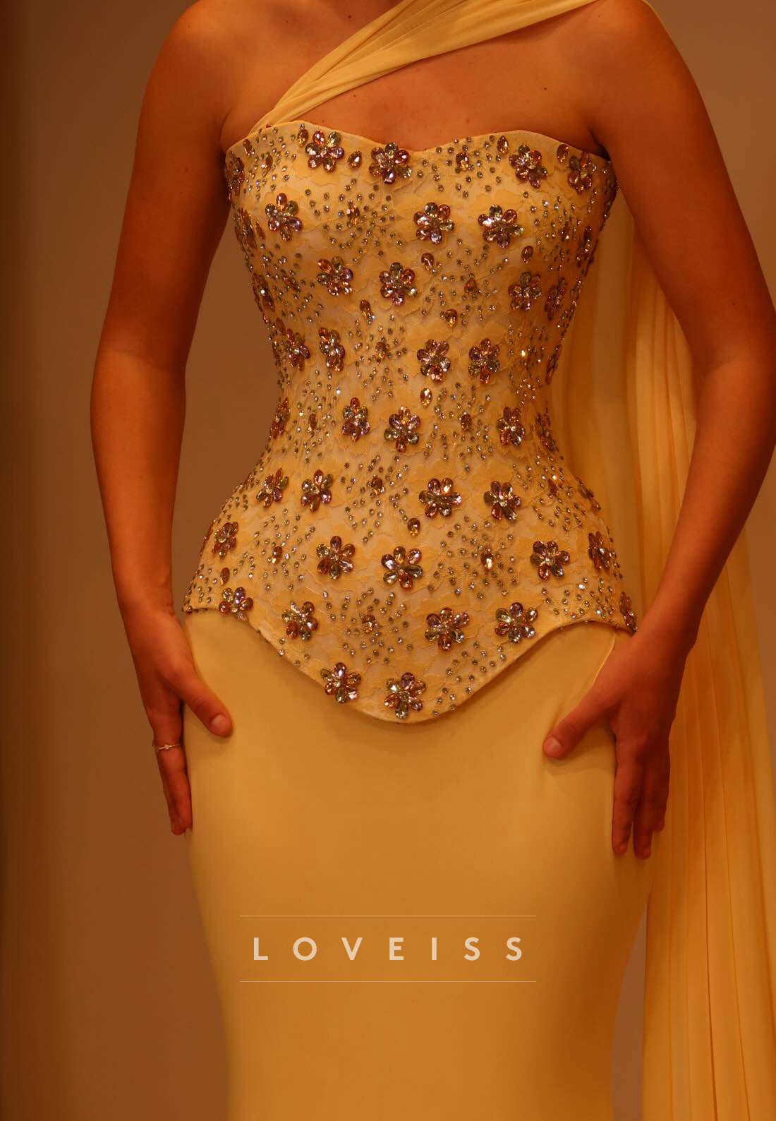 One-Shoulder Beaded Mermaid Evening Gown
