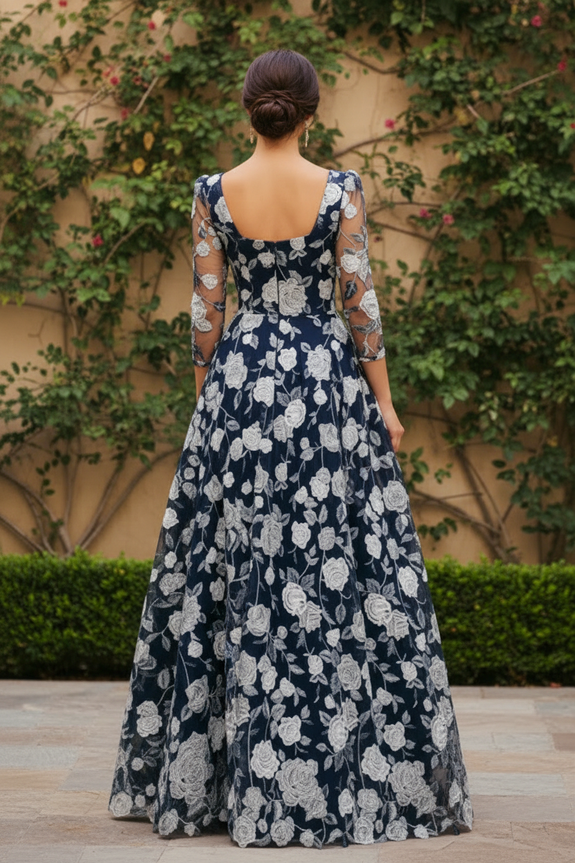 Floral Embroidered Square Neck 3/4 Sleeve Maxi Dress
