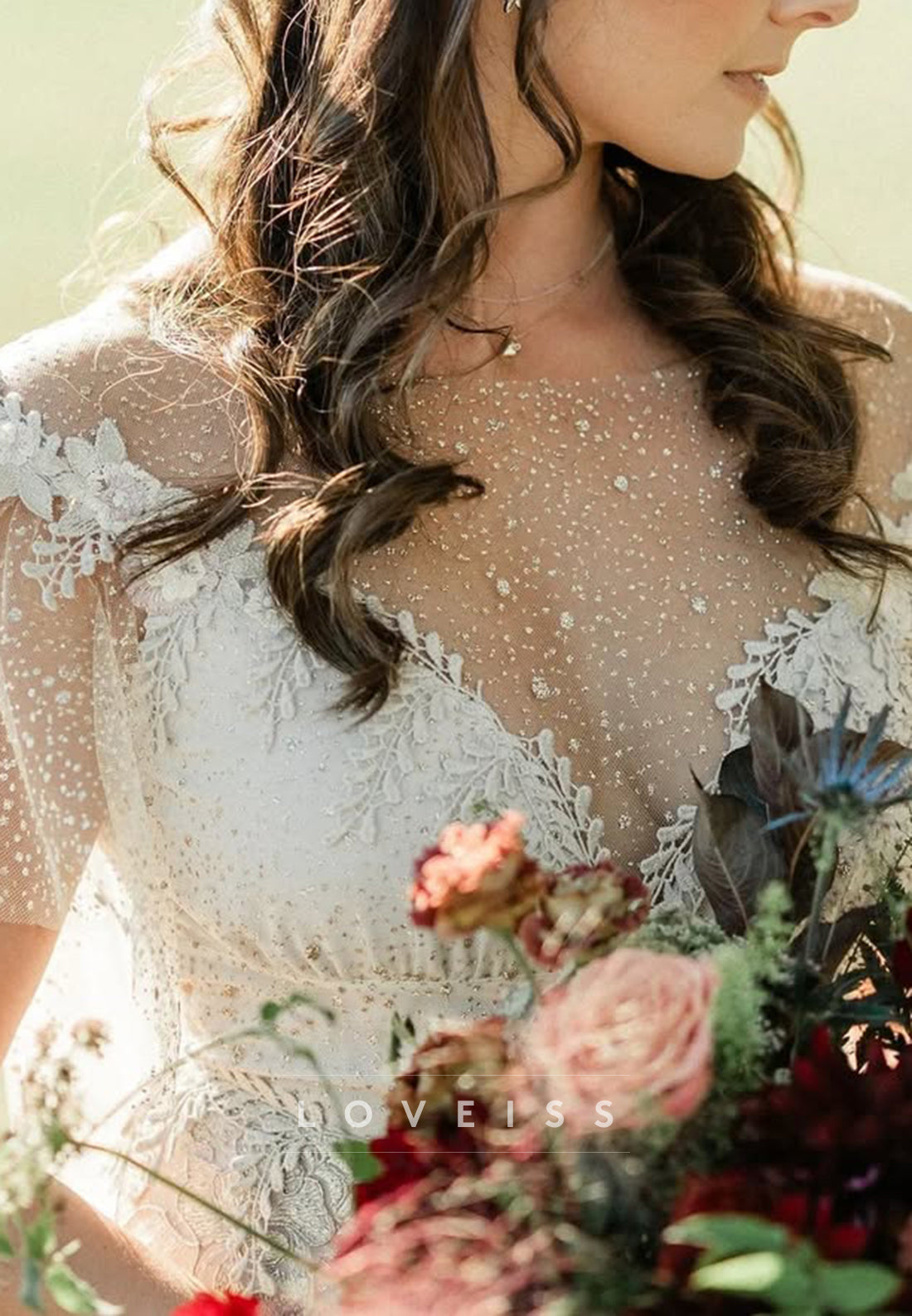 A-Line Lace & Glitter Tulle Bridal Gown with Cape