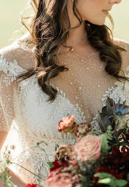 A-Line Lace & Glitter Tulle Bridal Gown with Cape