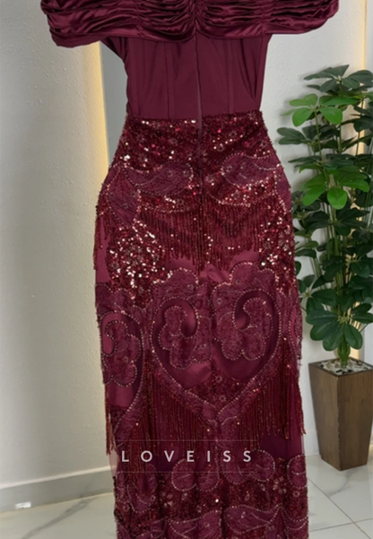 Off-the-Shoulder Beaded Fringe Column Gown