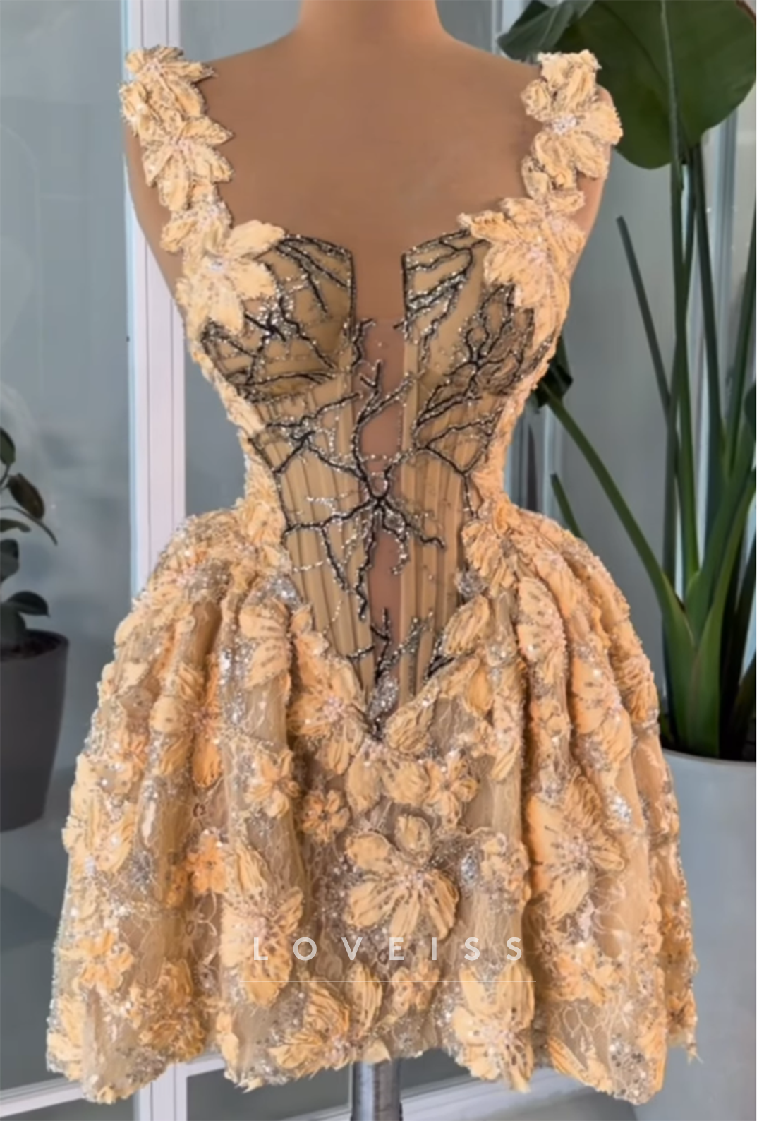 Corset Mini Dress with 3D Floral Appliques