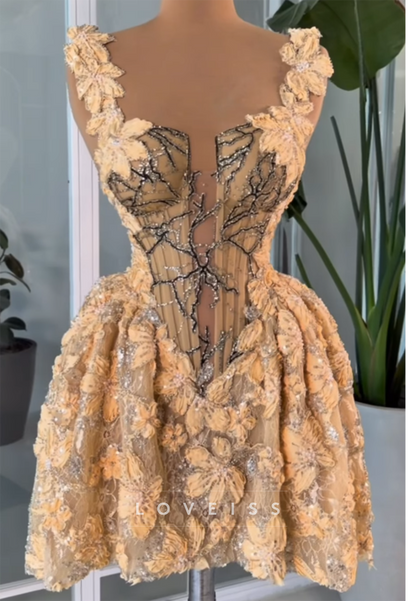 Corset Mini Dress with 3D Floral Appliques