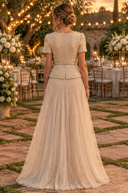 Sequined Peplum Jacket and Pleated Floor-Length Gown