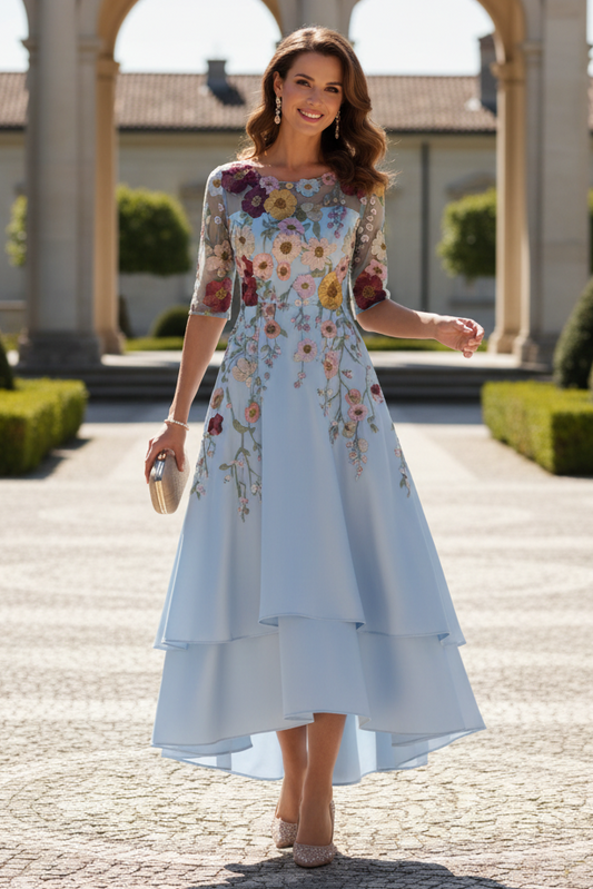 Floral Embroidered High-Low Tiered Dress