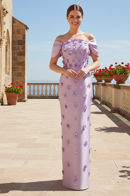 3D Floral Applique Off-the-Shoulder Column Gown