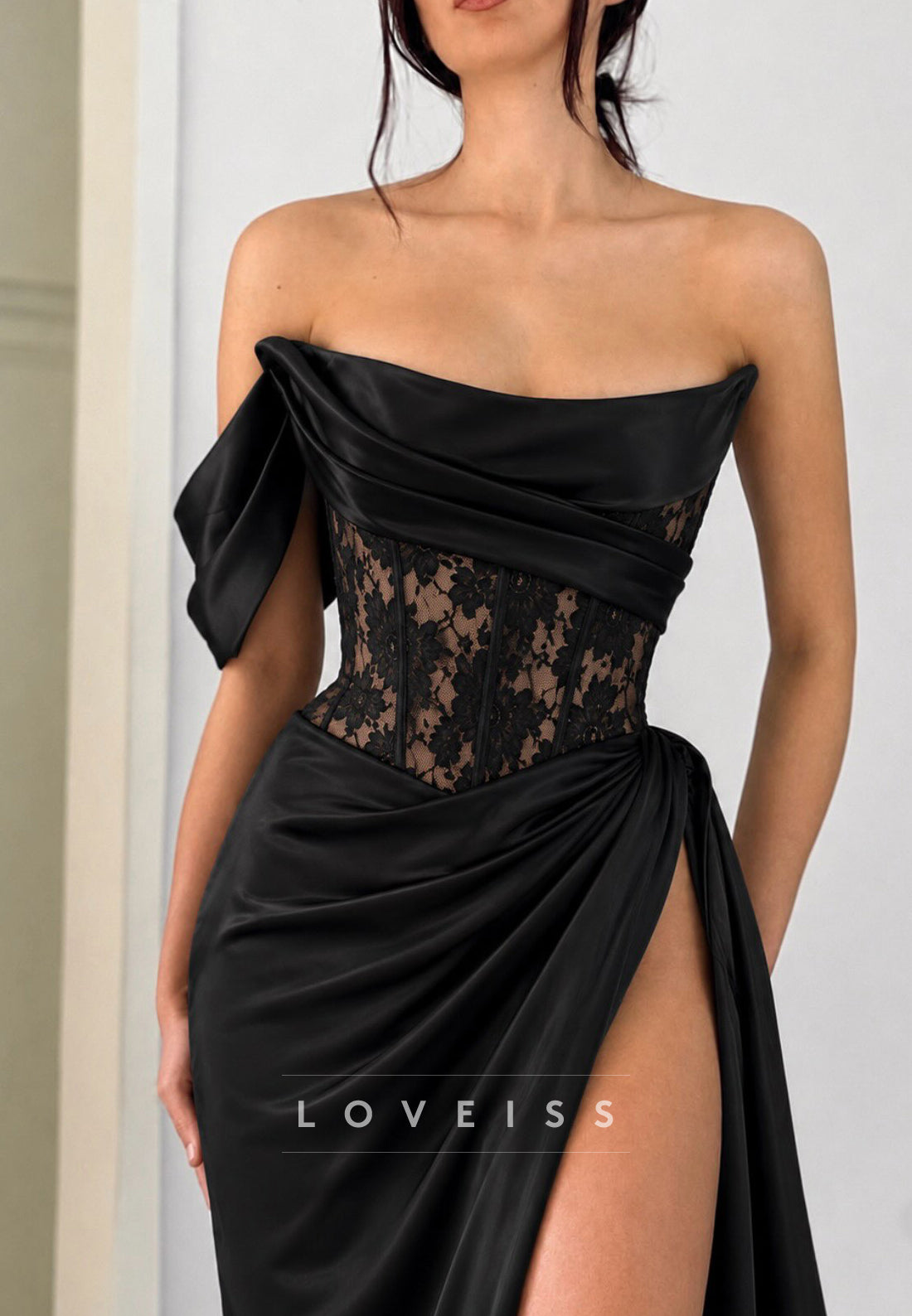 Off-the-Shoulder Satin Corset Maxi Dress with High Slit