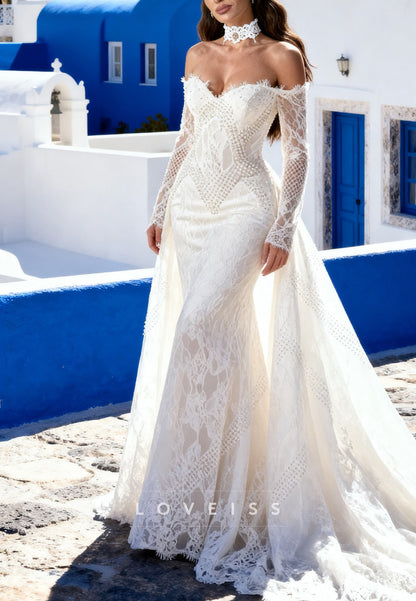 Off-The-Shoulder Lace Mermaid Wedding Dress with Pearls