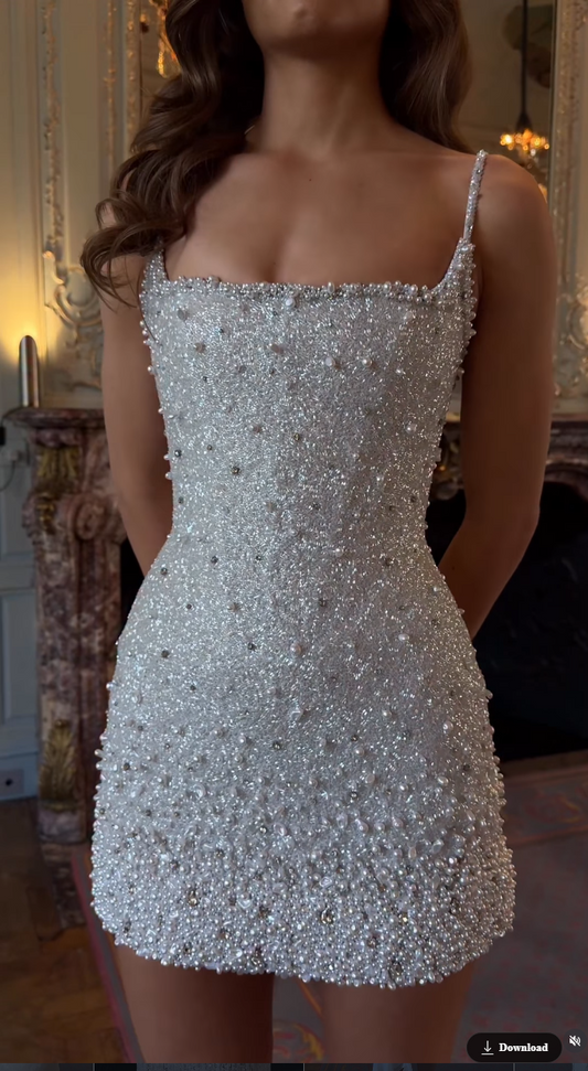 Pearl & Crystal Beaded Spaghetti Strap Mini Dress