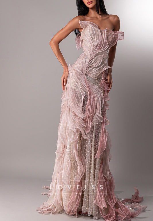 Sculptural Ruffle Strapless Column Evening Gown