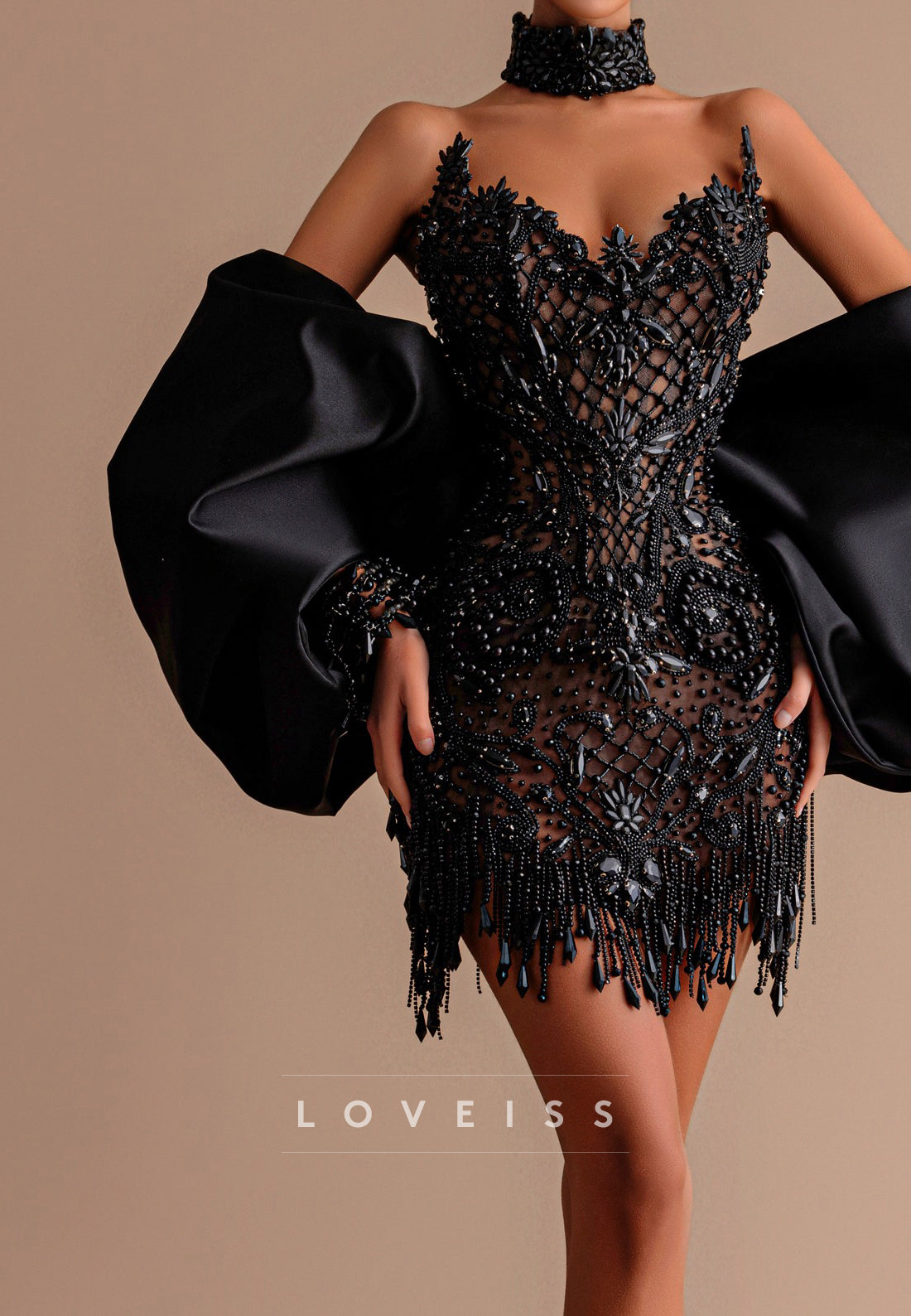 Beaded Mini Dress with Dramatic Satin Puff Sleeves