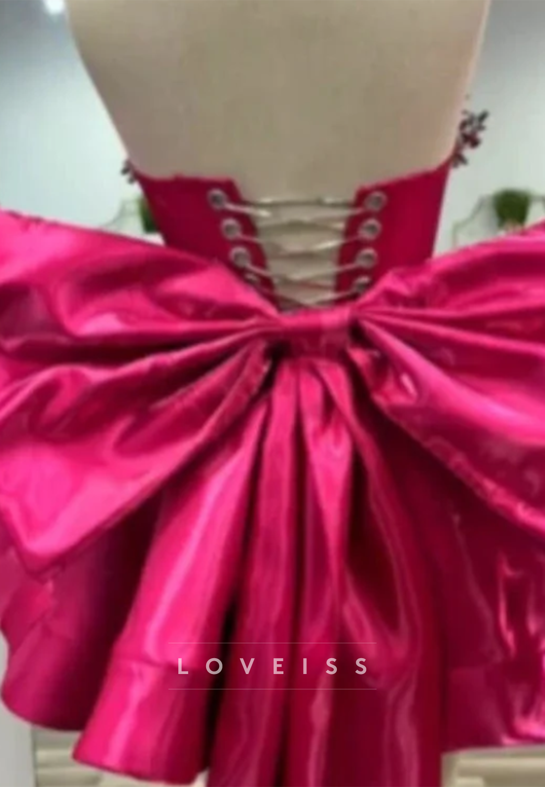 Strapless Satin Mini Dress with Crystal Bust and Back Bow