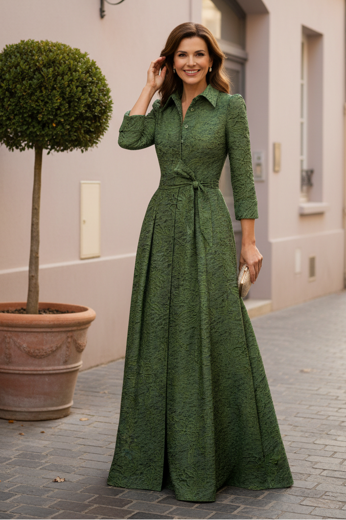 Elegant A-Line Jacquard Maxi Shirt Dress