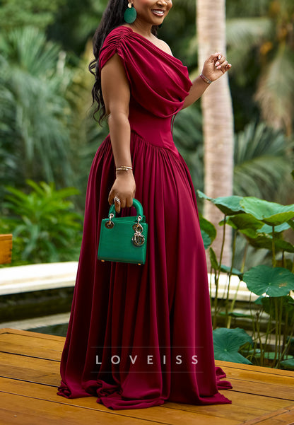 Draped One-Shoulder Maxi Dress with Ruched Sleeve