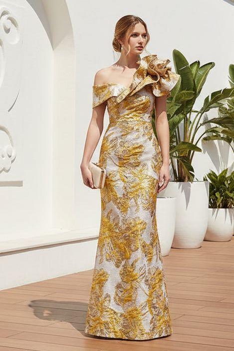 Floral Jacquard One-Shoulder Column Gown