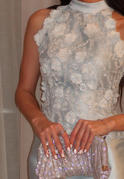 High Neck Applique Corset Trumpet Gown