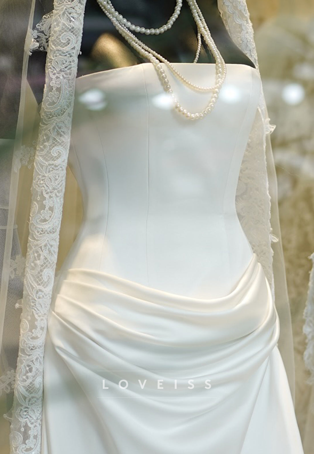 Strapless Ruched Satin Wedding Gown with Sweep Train