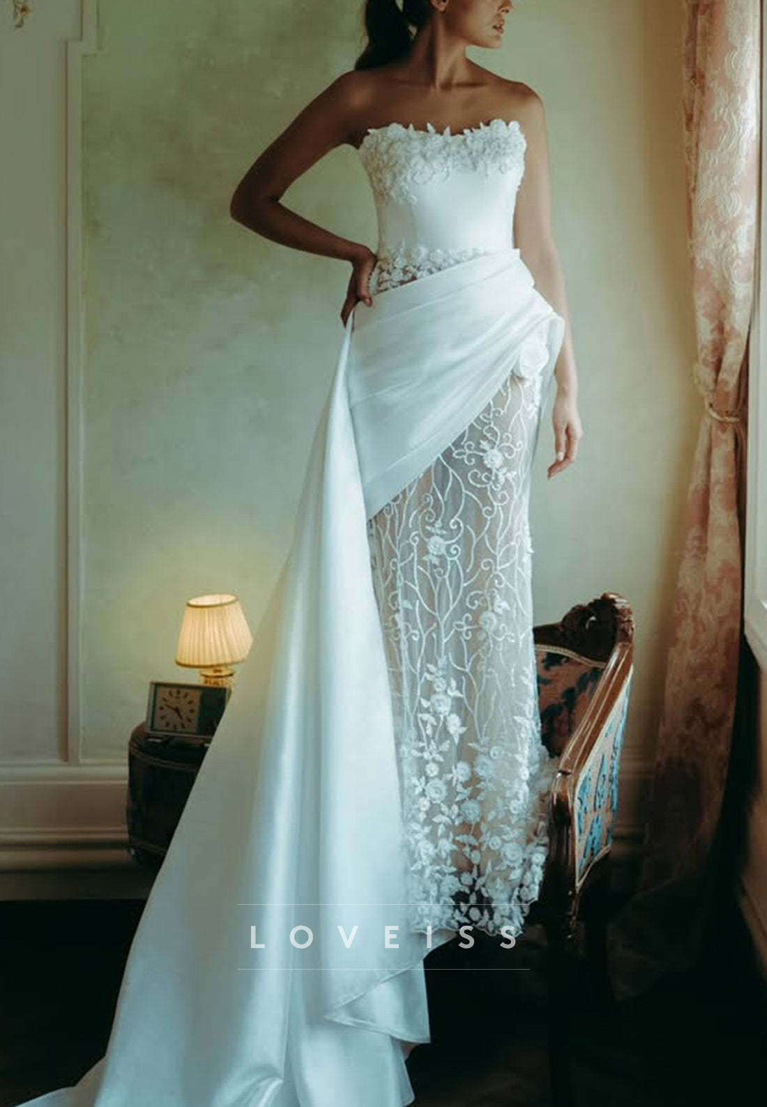 Strapless Floral Lace Wedding Dress with Side Drape