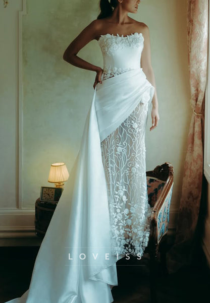 Strapless Floral Lace Wedding Dress with Side Drape
