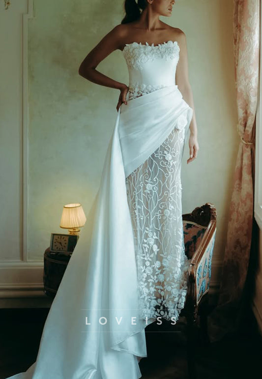 Strapless Floral Lace Wedding Dress with Side Drape