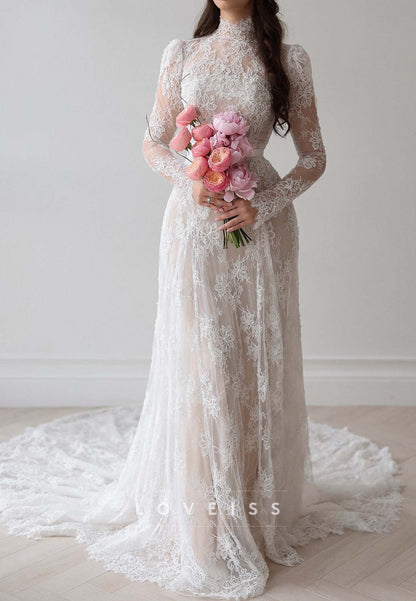 High Neck Lace Wedding Dress with Long Sleeves